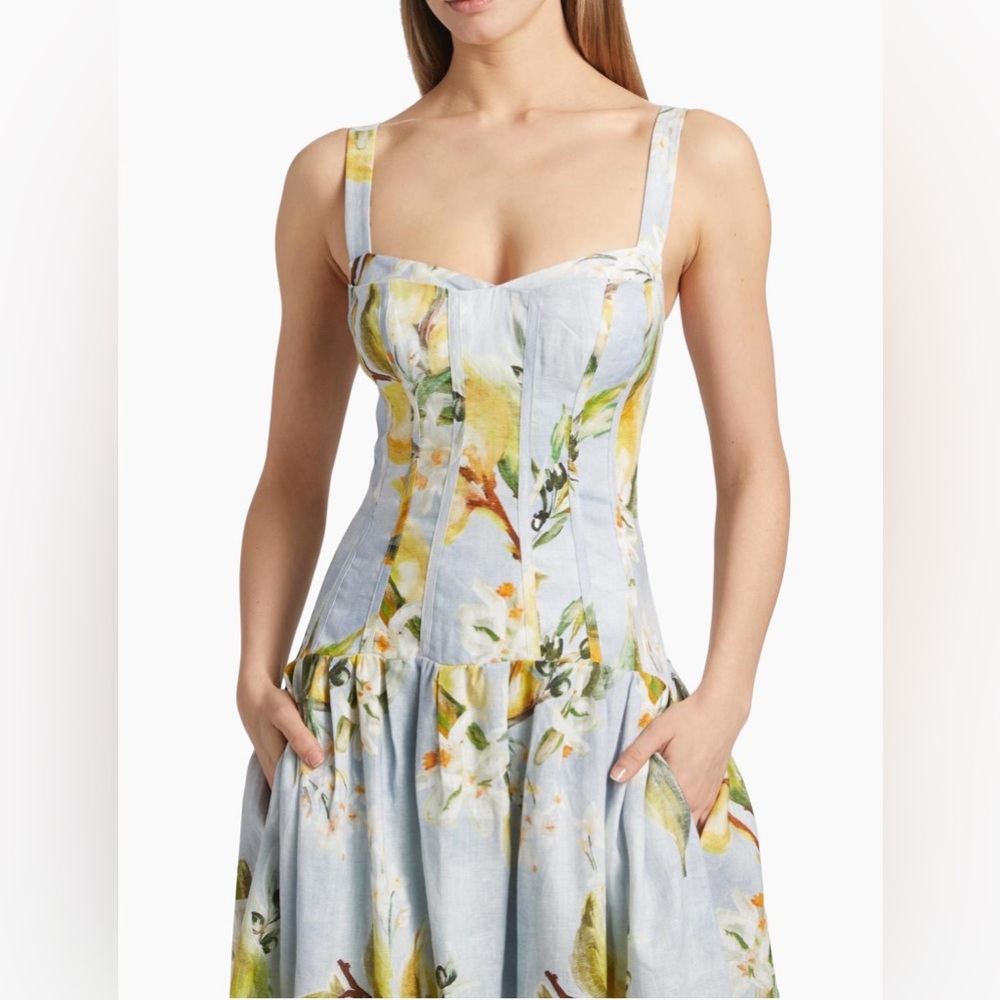 Nicholas - Makenna Floral Linen Drop Waste Midi Dress - Aniss Sky Lemon - Picture 3 of 6